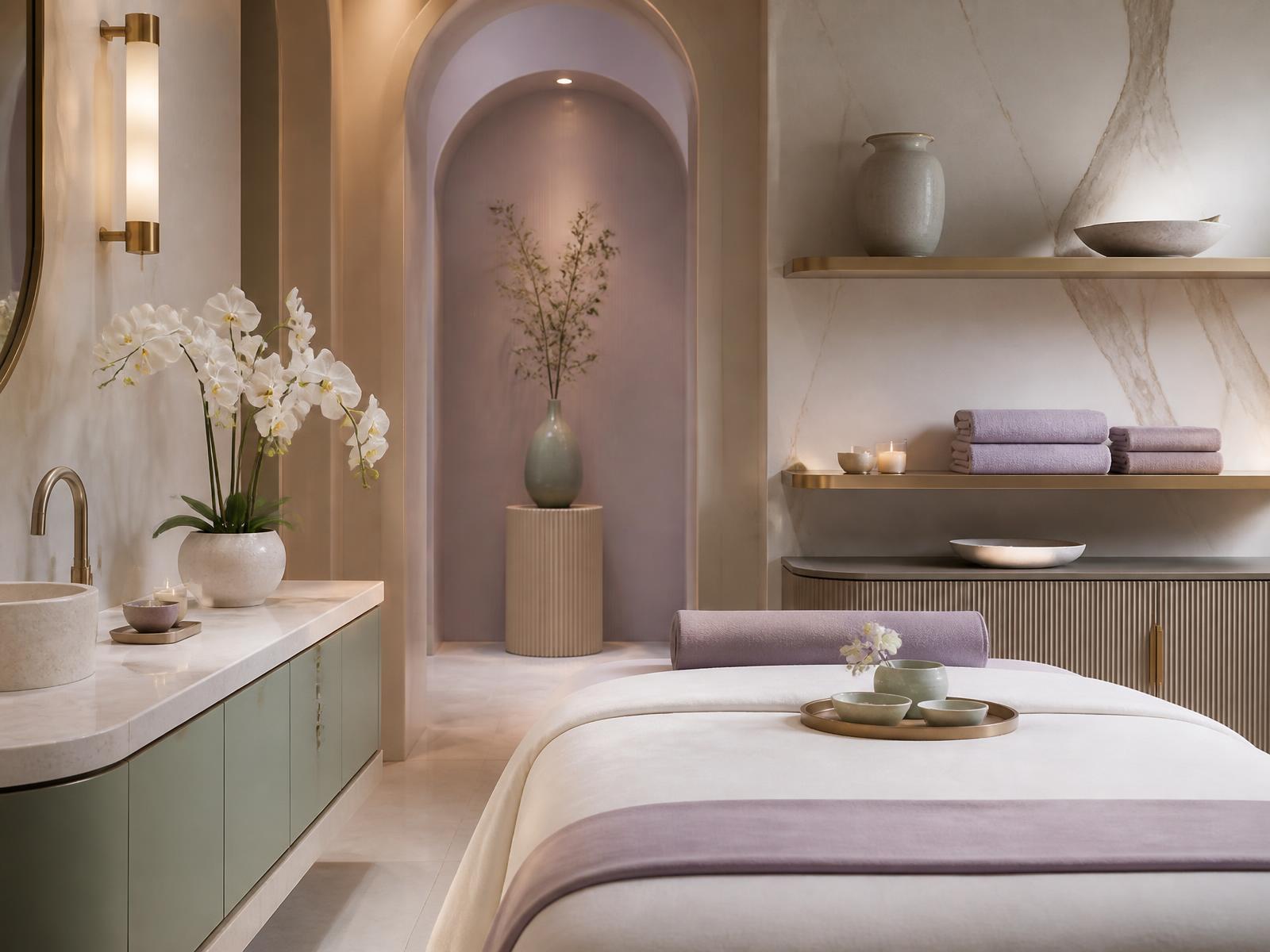 Luxurious spa treatment room with marble walls, brass accents, white orchids, and a linen-draped massage table