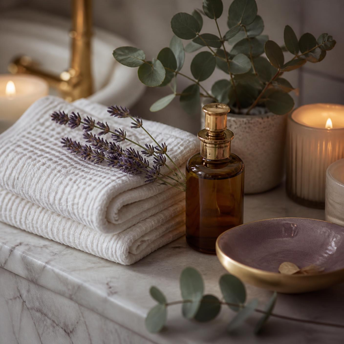 Folded white waffle towels with lavender sprigs, massage oil, and candlelight on a marble ledge
